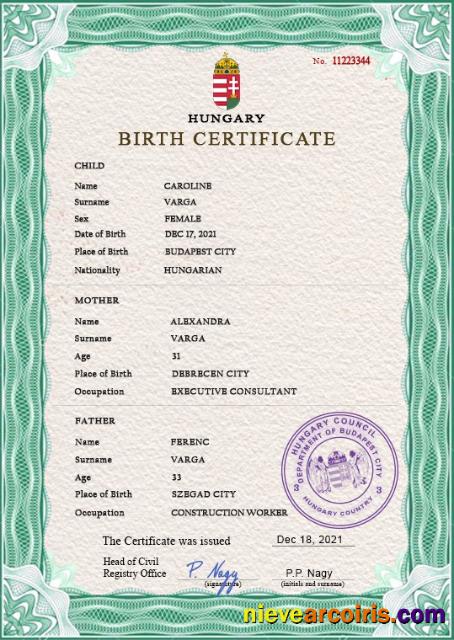 Hungary birth certificate